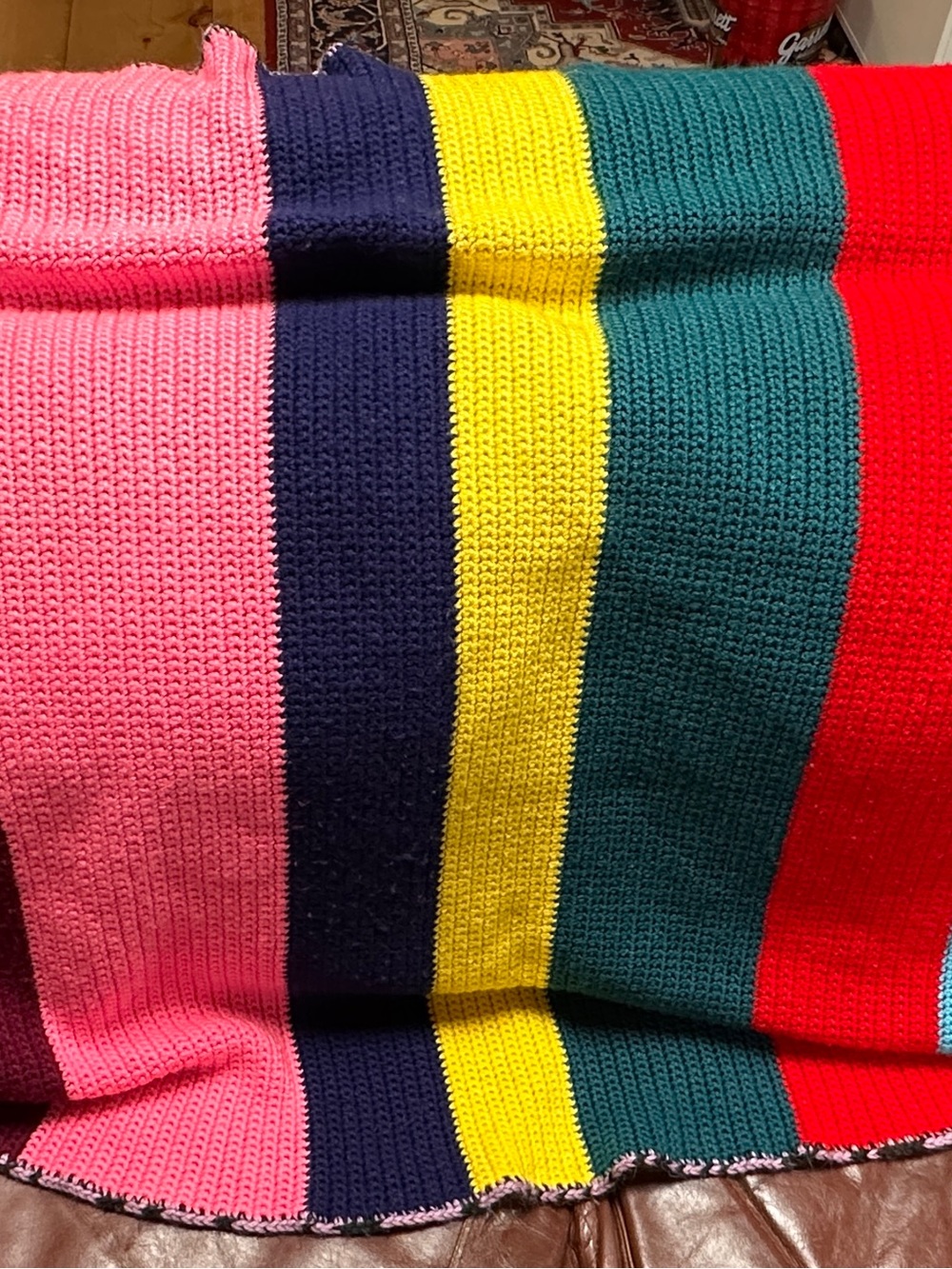 Handmade Crochet Afghan Throw Blanket Multicolor Wide Striped 40” X 50”